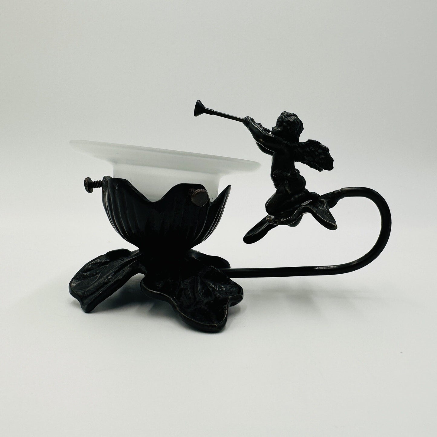 Cherub Candle Holder Lily Lamp Leafs Art Deco Solid Brass Bronze Tone