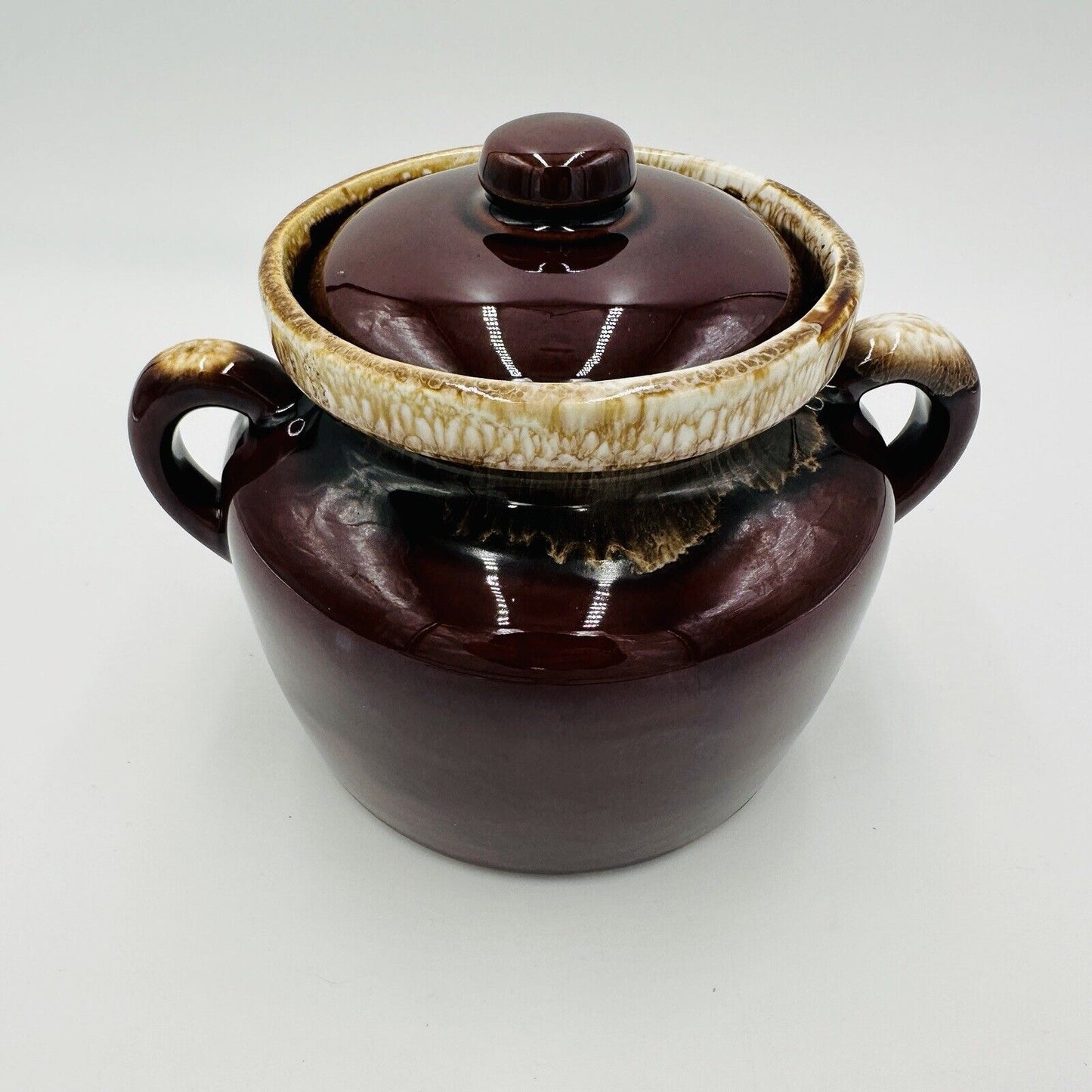 McCoy Pottery Bean Pot Brown Drip Glaze Lidded Handled #341 Vintage USA