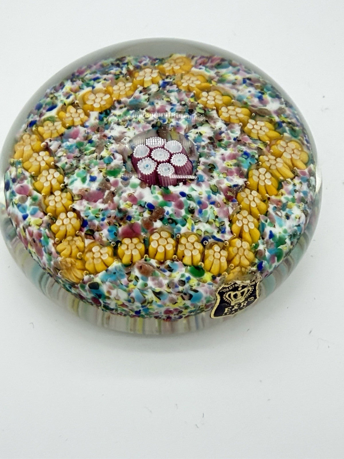 Vintage Murano Venetian Italy Art Glass Floral Millefiori Paperweight 2”x 2.5”