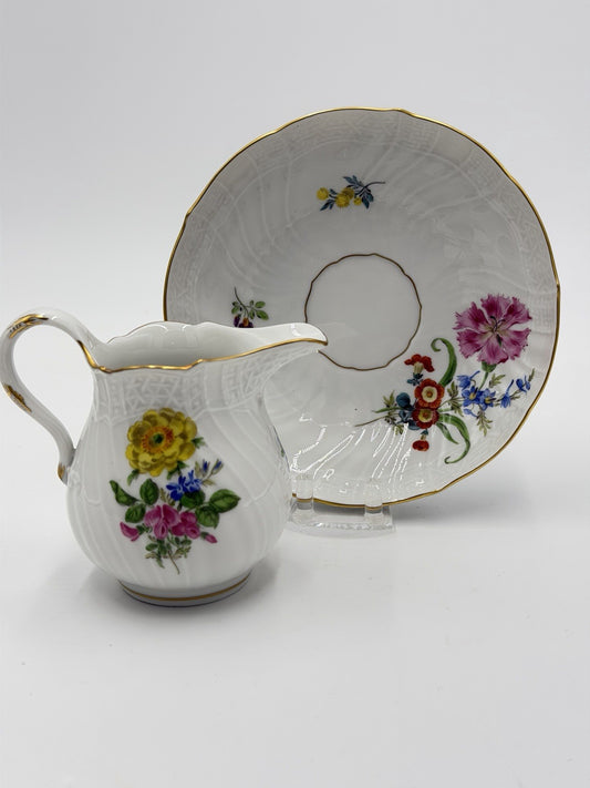 Antique Meissen Neubrandenstein Germany Porcelain Creamer & Saucer Set Floral
