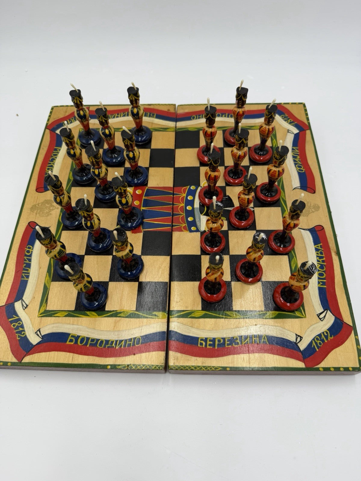 Russian vintage Matryoshka chess set 24 Pawns Plus Wooden Board Soldiers