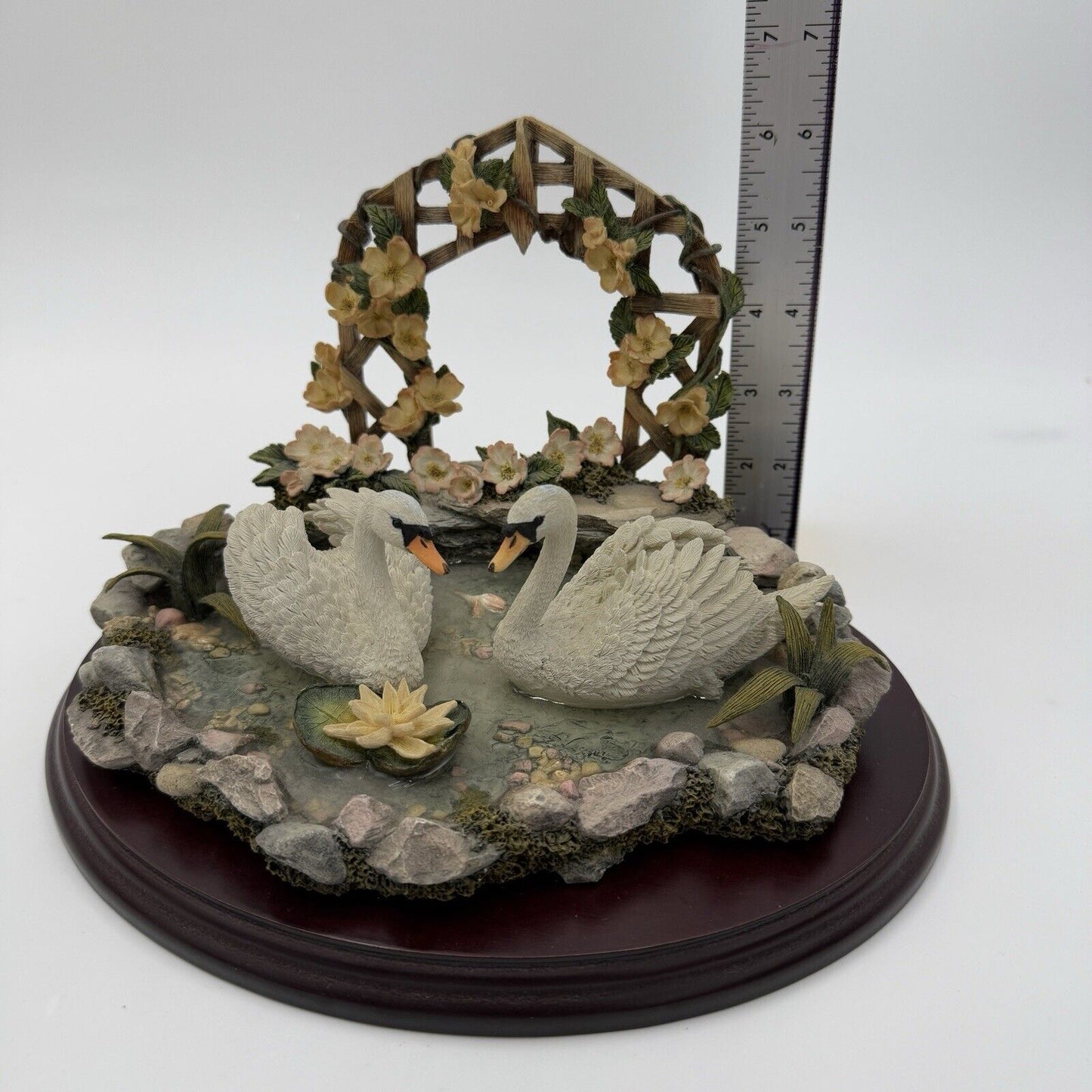 LENOX Rose Arbor Pond Swans sculpture Wood Base Figurine Resin