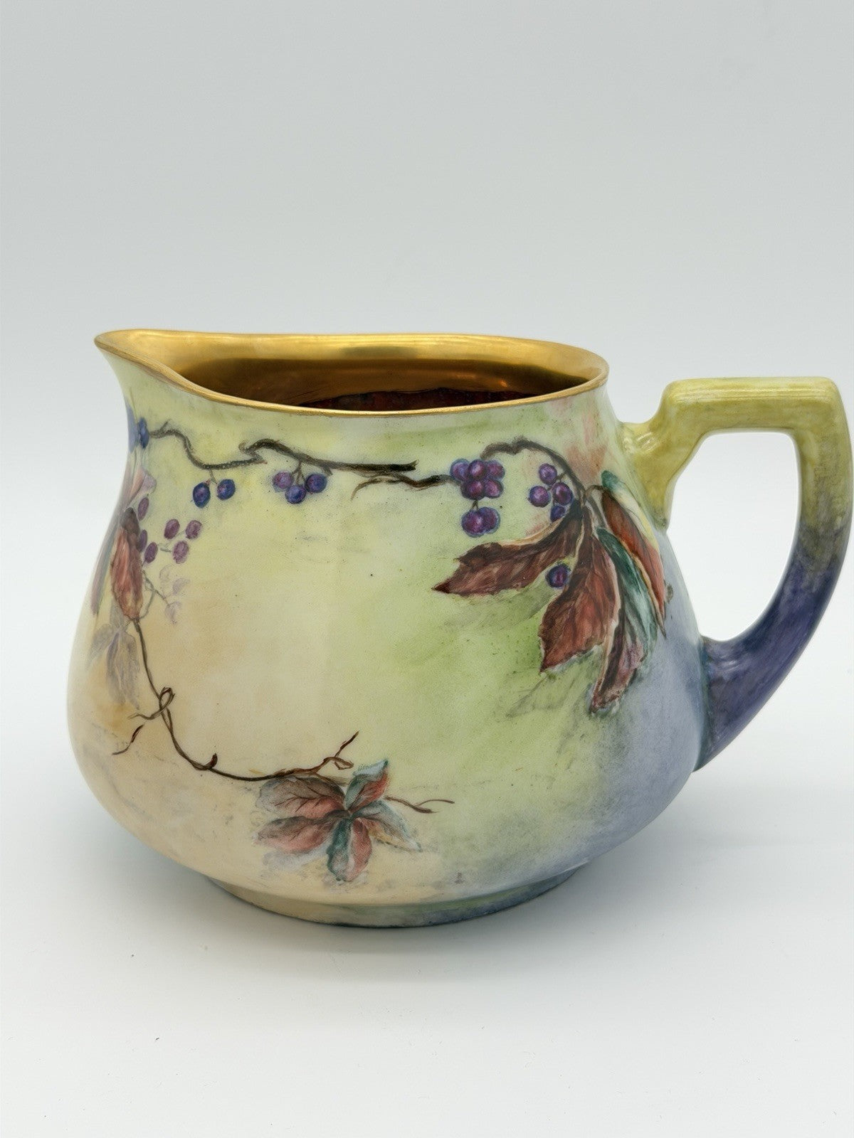 Limoges France W.G & Co Porcelain Painted Gold Painted berries Leaf Pitcher 19th