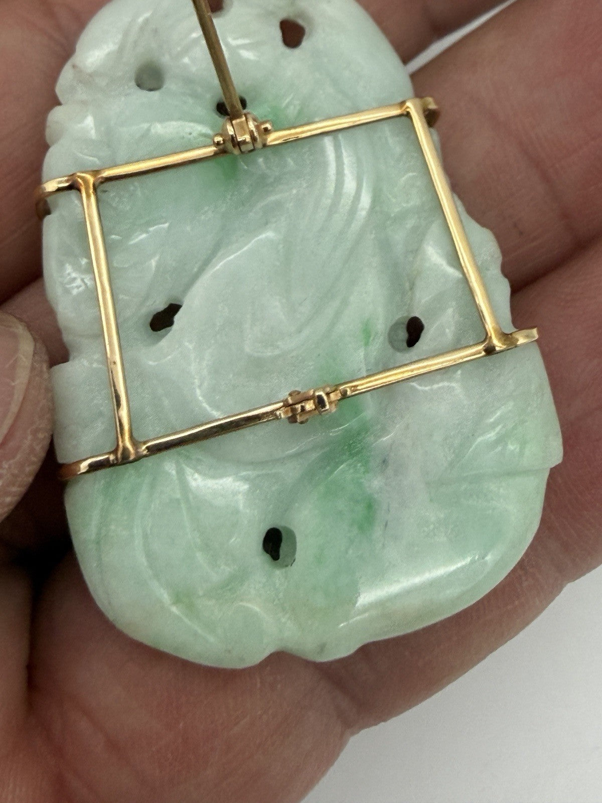 Antique Chinese 14K Yellow Gold Jadeite Jade Pin Brooch Natural Jade