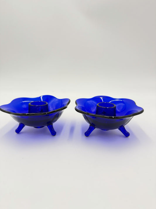 Fenton Art Glass Blue Cobalt Footed Candle Holder Set 2 PCs Vintage