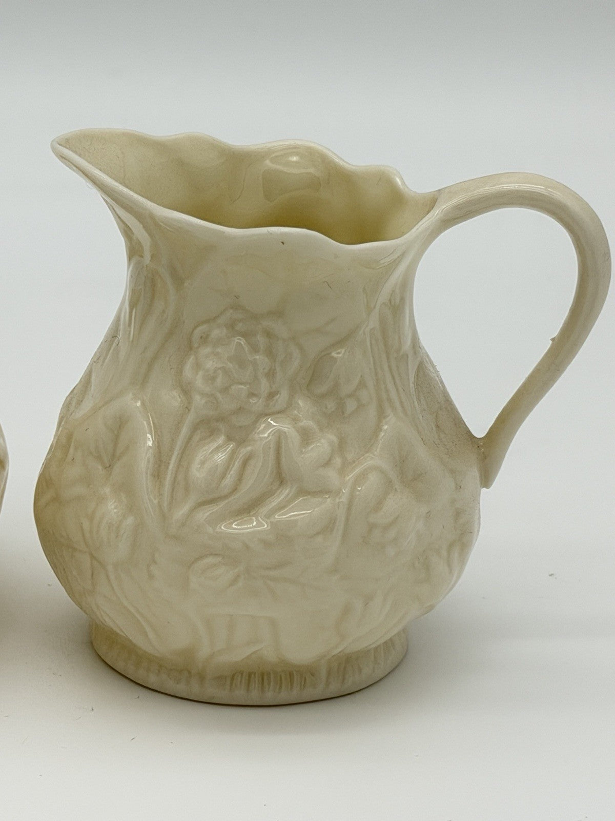 Belleek Ireland porcelain Lotus pattern creamer and open sugar bowl set Vintage