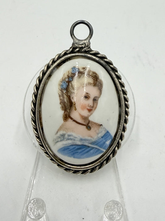 Limoges France Porcelain Portrait Oval Victorian Woman Pendant 2” Cameo