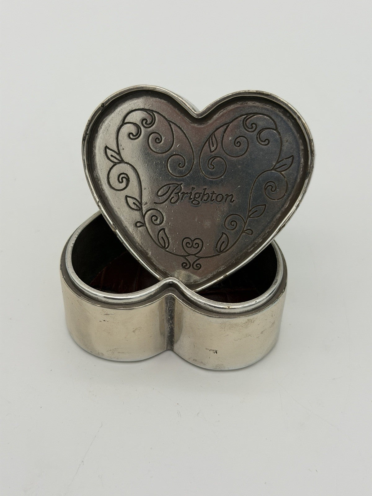 Vintage Brighton Silver Tone Trinket Box Heart Shape Leather Accents Jewelry Box