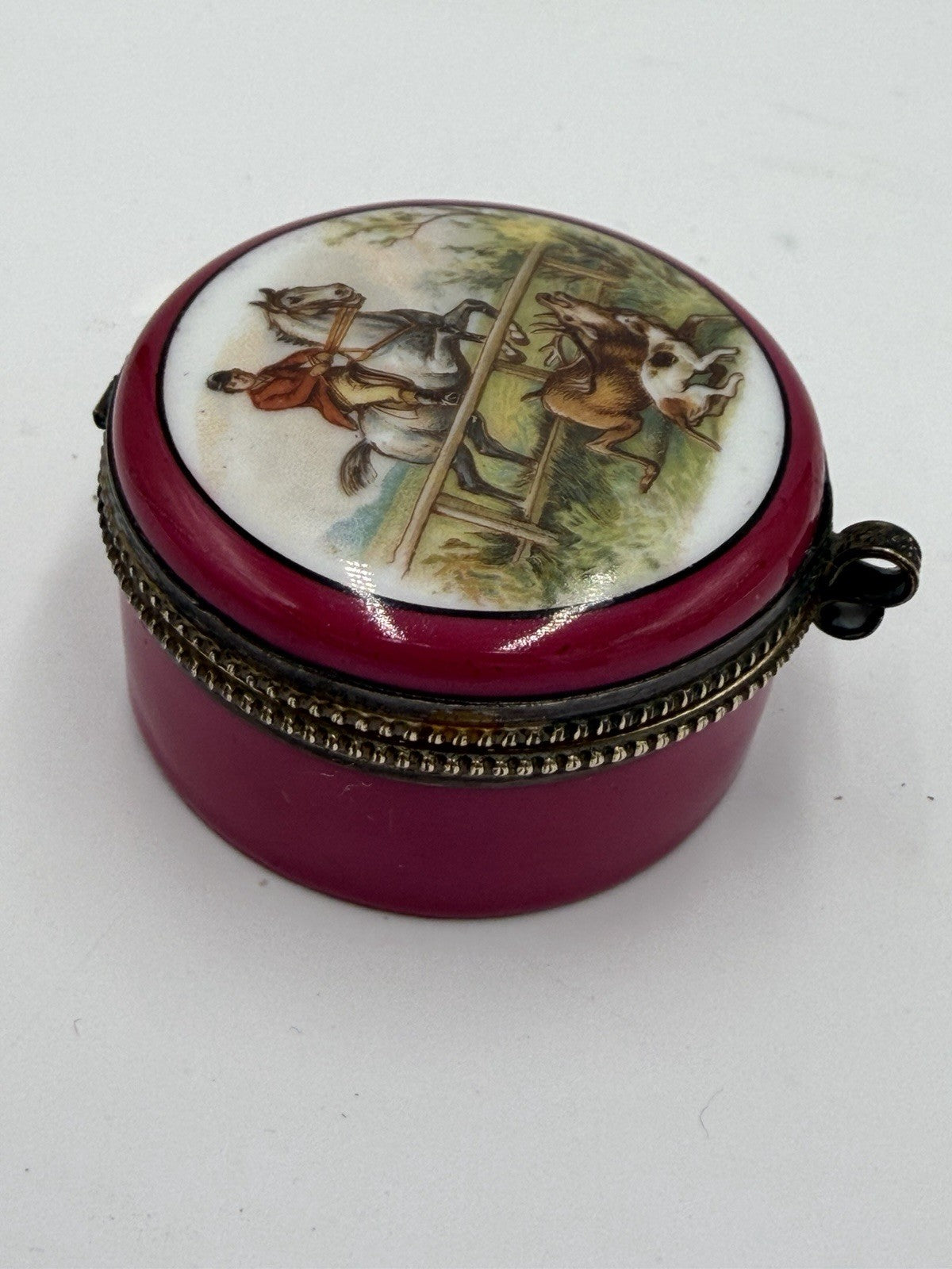 Rare Antique Czechoslovakian Painted PorcelainTrinket Box Equestrian hunt scene
