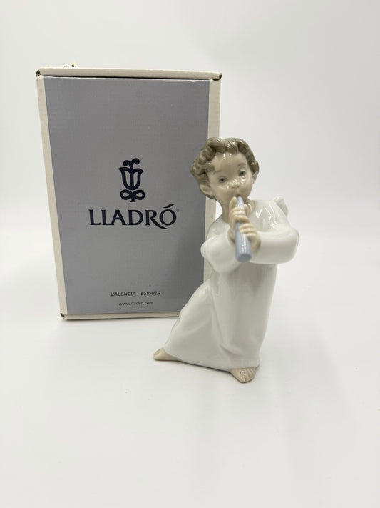 Lladro Spain Porcelain Angel W/ Flute NIB 5” Painted Vintage Figurine