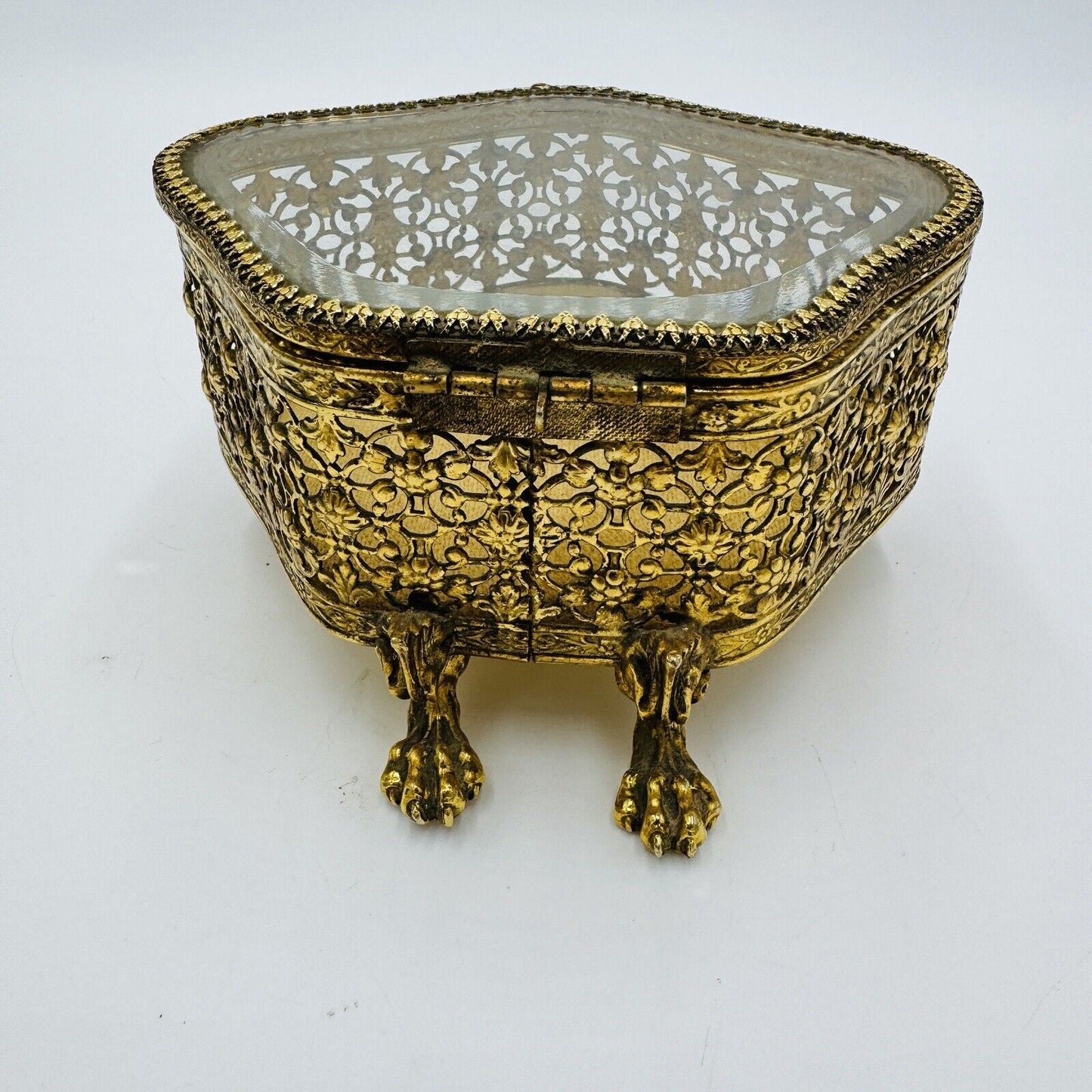 French Beveled Glass Gold Filigree Ormolu Jewelry Casket Box Claw Foot Vintage