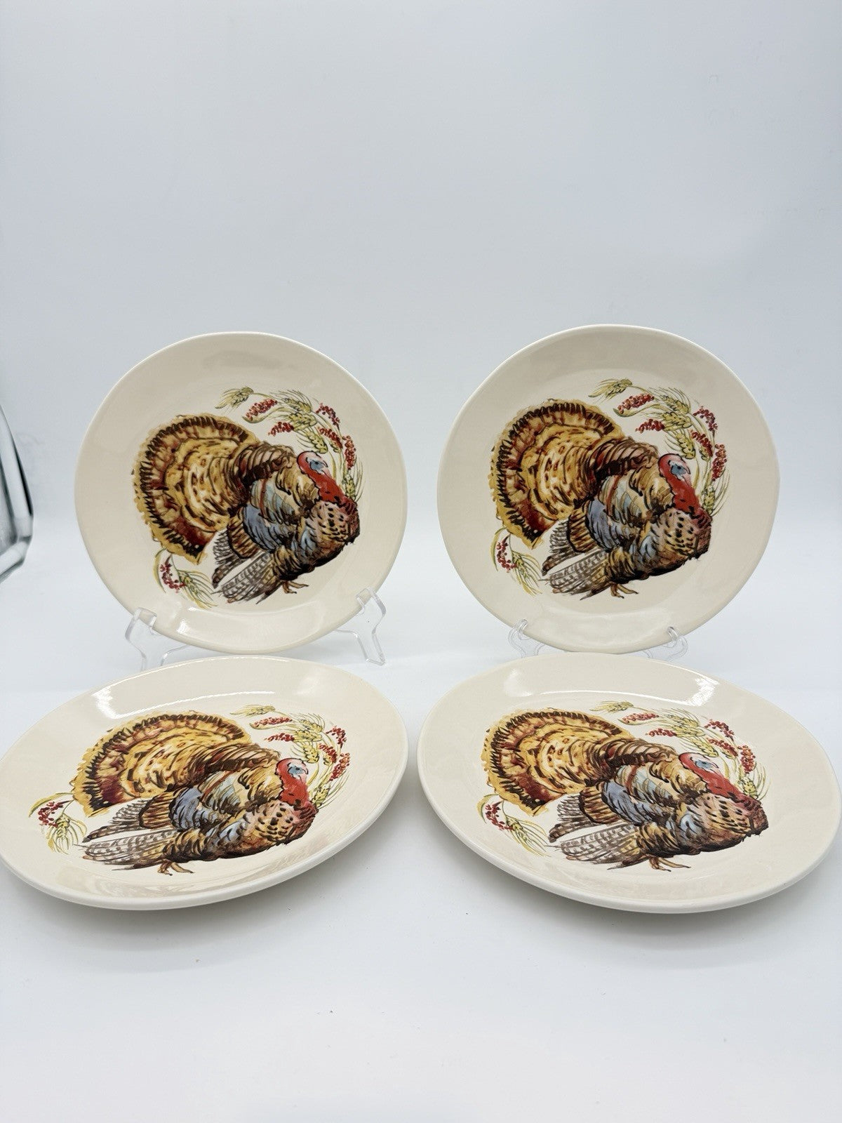 Pottery Barn Watercolor Turkey Salad Dessert Plates Set Of 4 Thanksgiving 8”