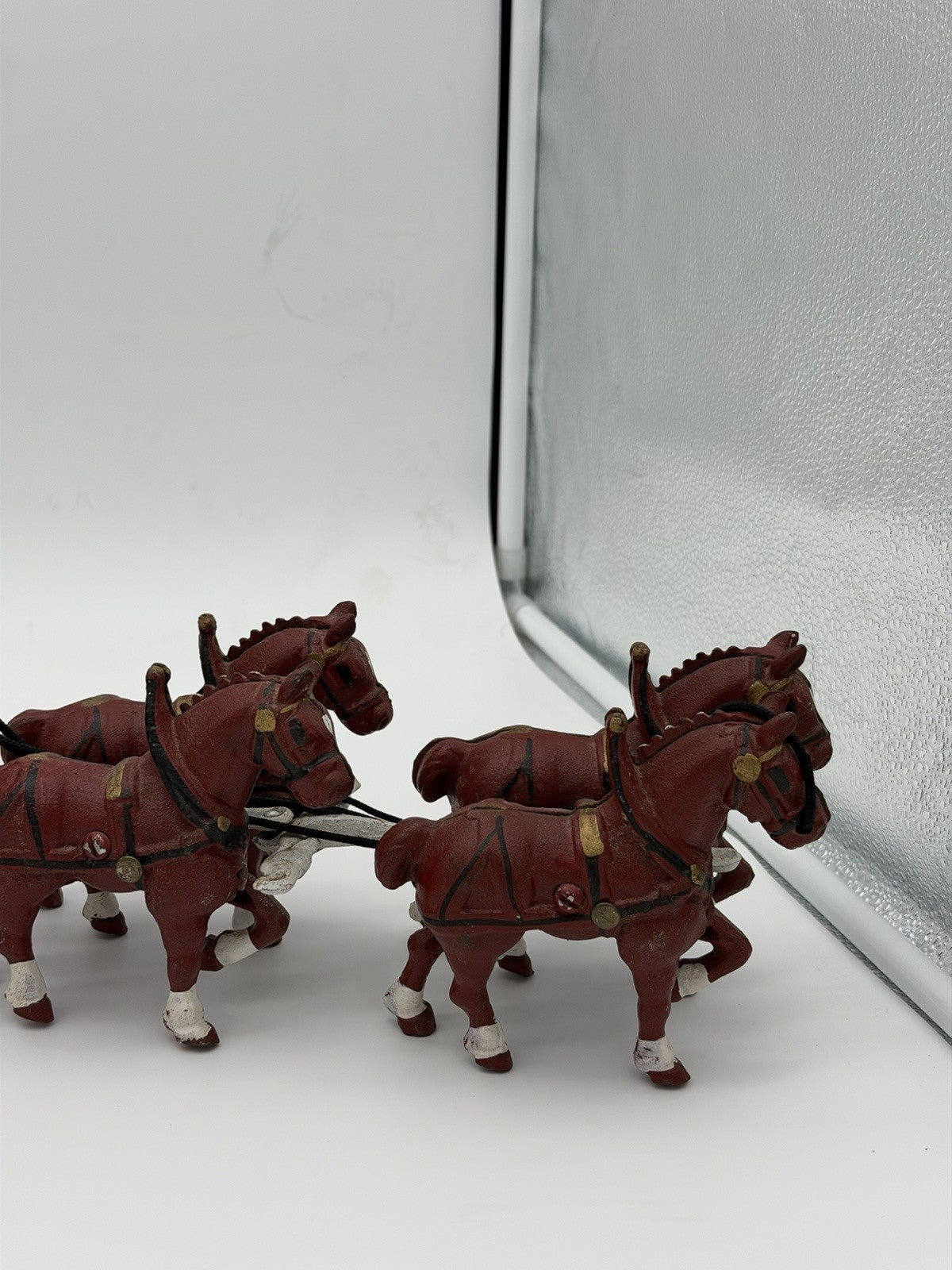 Vintage Budweiser Clydesdale Horse & Beer Wagon Cast Iron Set w/ 11 Wood Barrels