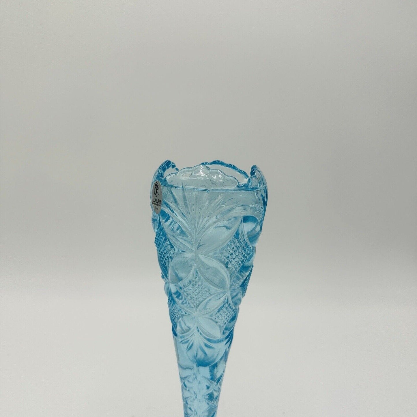 Fenton Art Glass Vase Aqua Blue With Etched Butterfly & Diamond Pattern Vintage