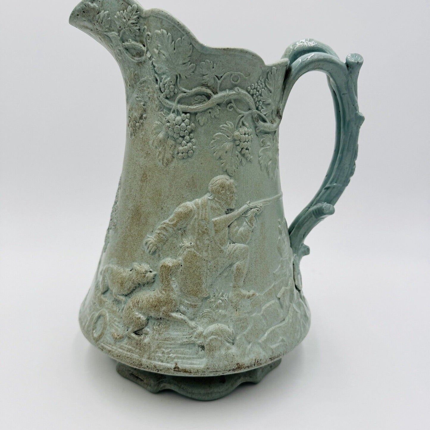 Parian Ware Relief Jug Pitcher Large Green Pottery Embossed Grapes Antique