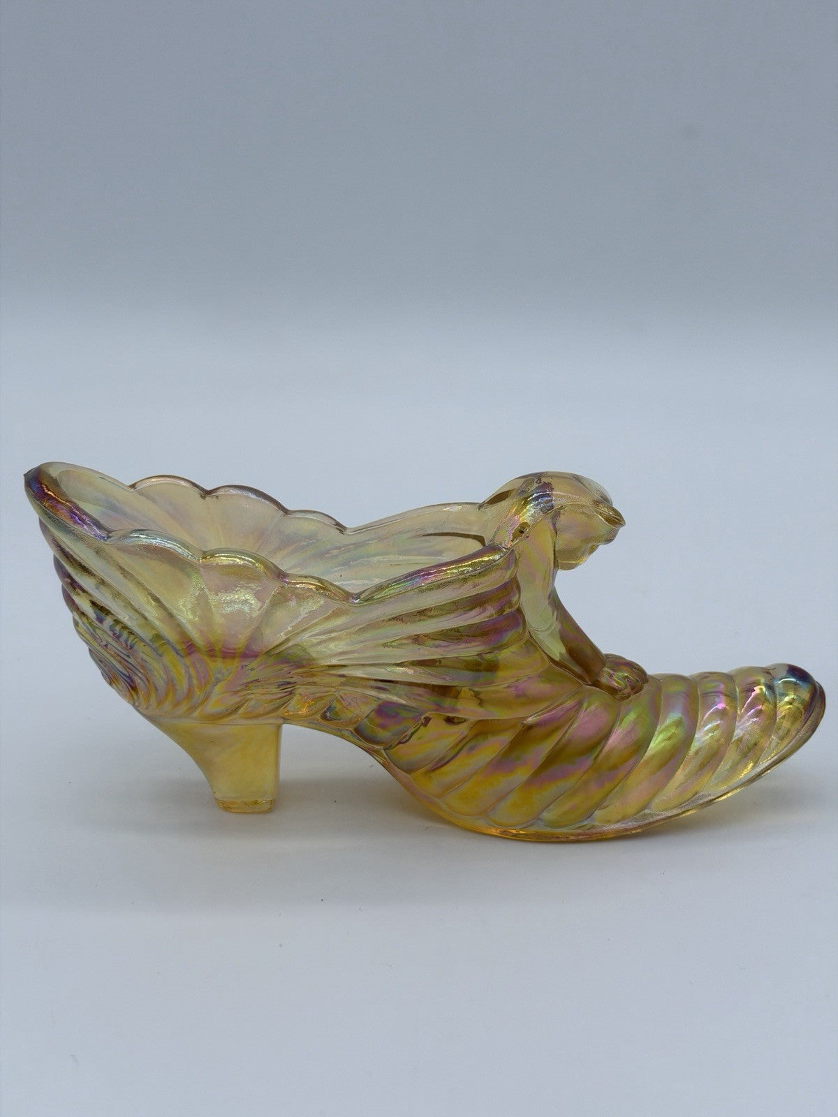 Fenton Art Glass Yellow Iridescent Cougar Cart Slipper Shoe Victorian Figurine