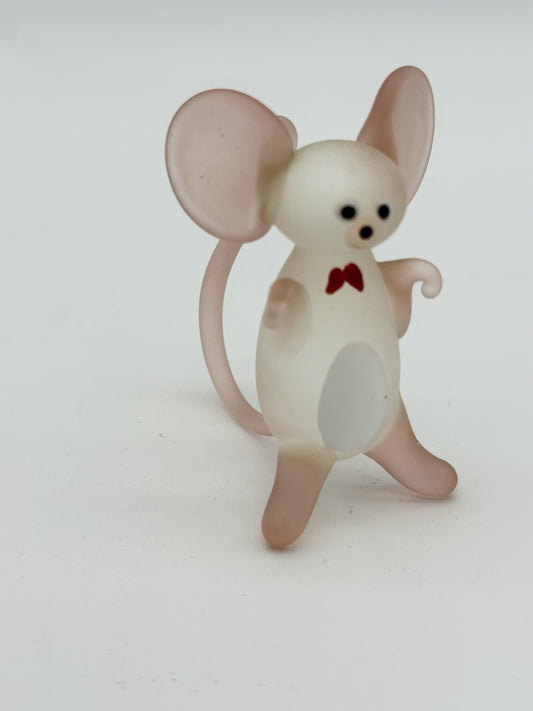 Hand Blown Art Glass Mice Mouse Pink White Frosted Glass Figurine 2.5”H