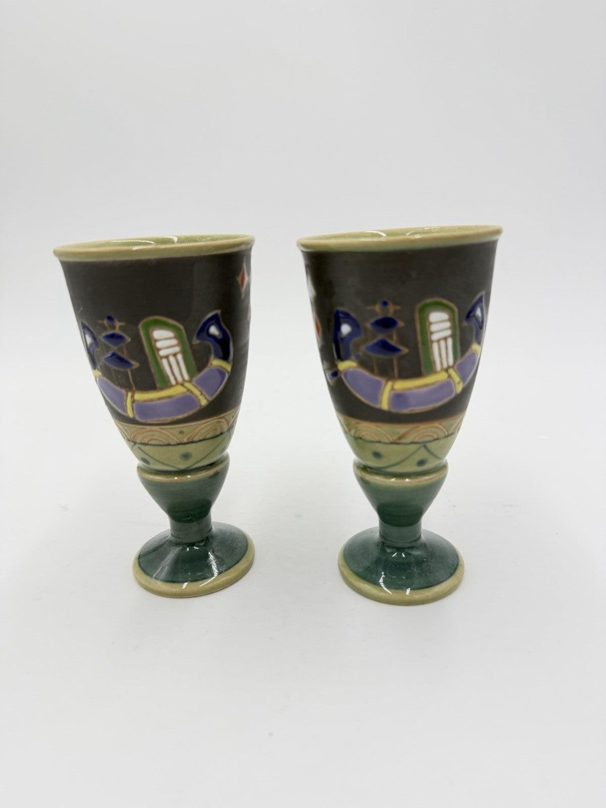 VTG Arita Cups Horse Signed Incised & Enameled Pottery Wine Goblet 4 1/2" Japan