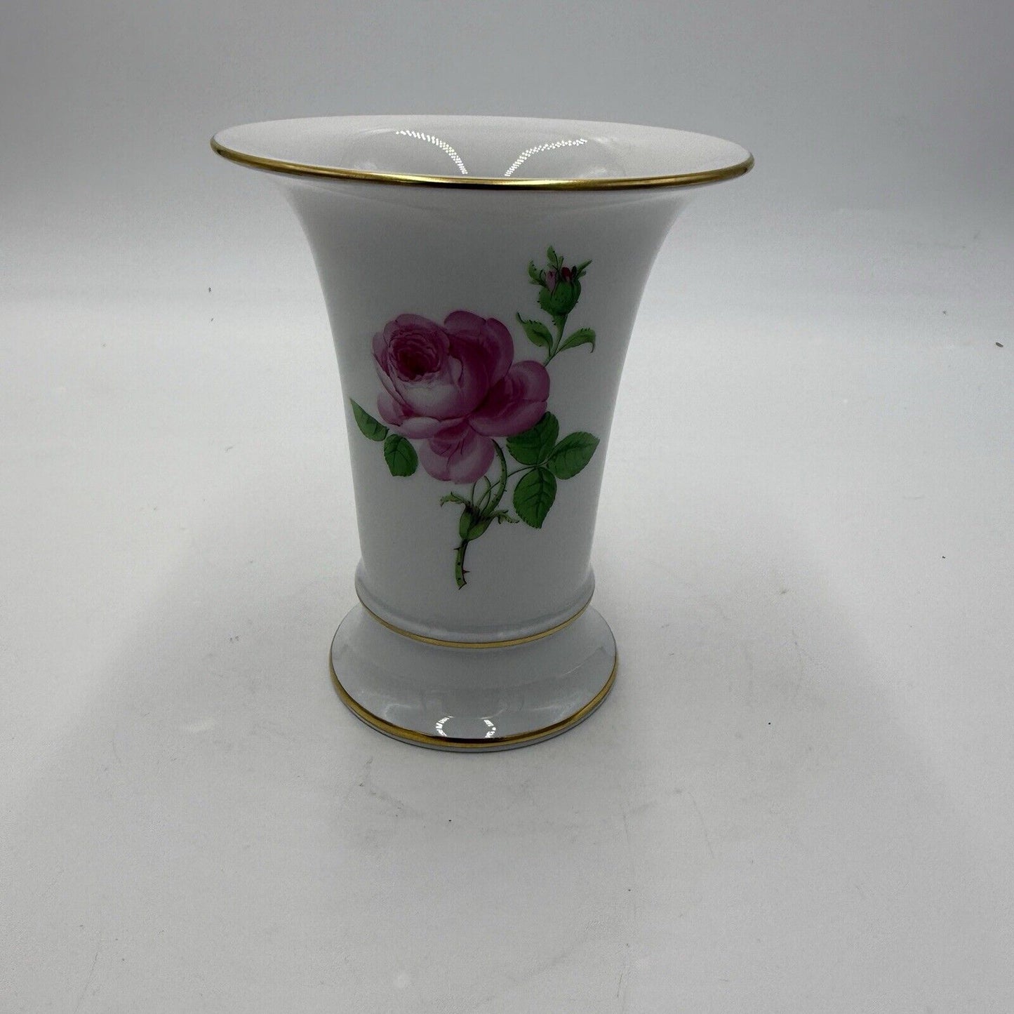 Antique Meissen Vase Pink Rose Trumpet Shaped Painted 5.5” Gold Rim Porcelain