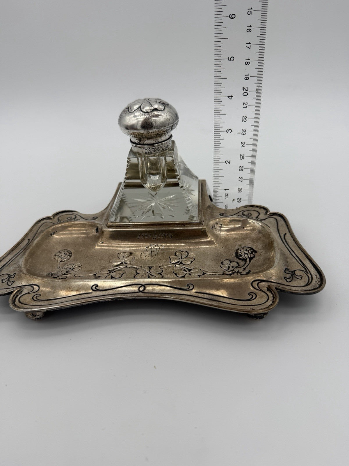 Antique Brass Art Nouveau Writing Desk  w/ Cut Glass Inkwell Embossed Shamrock