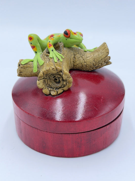 Folk Art Wood Trinket Box Green Tree Frog Resting on Log Round Jewelry Box