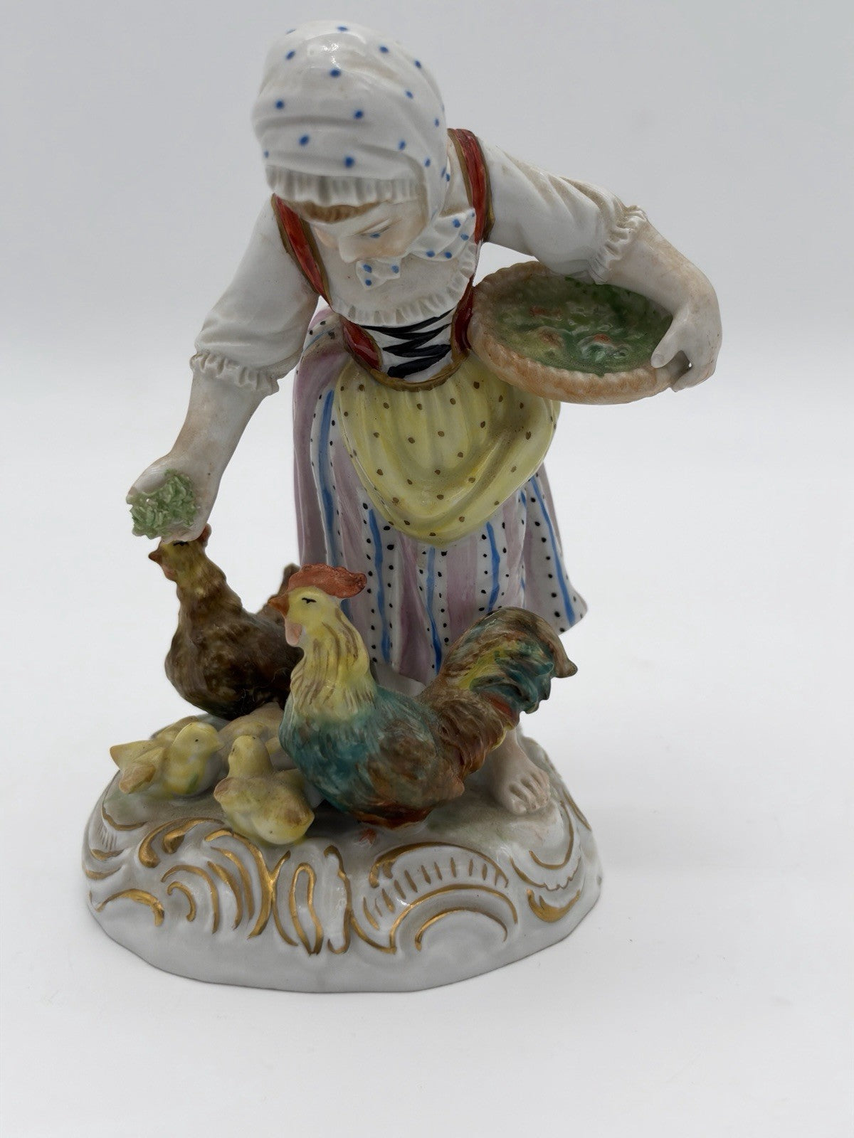 Antique Carl Thieme Dresden Germany Porcelain Painted Girl Feeding Chicken Figur