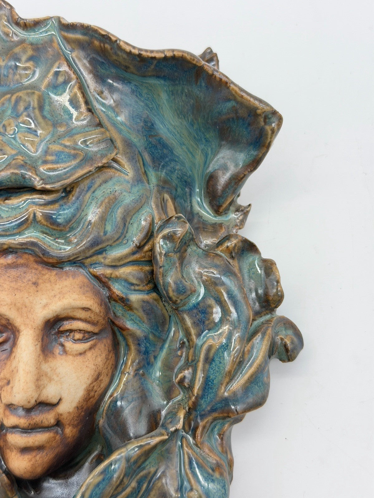 Art Nouveau Studio Art Pottery wall pocket sculpture Teal Blue Glossy 7.5”x4”