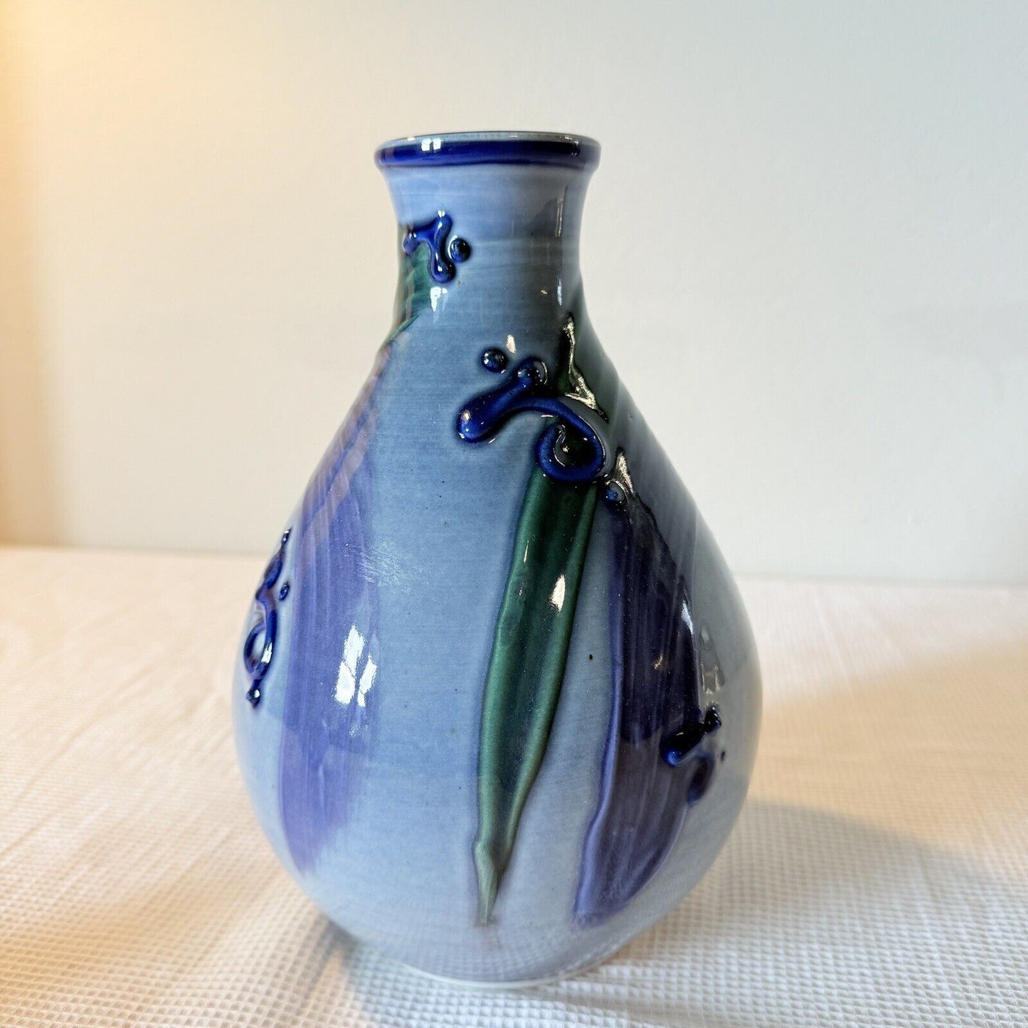 Studio Pottery Flower Vase Blue Purple Drip Ceramic Signed 8in H Swirls Leaf