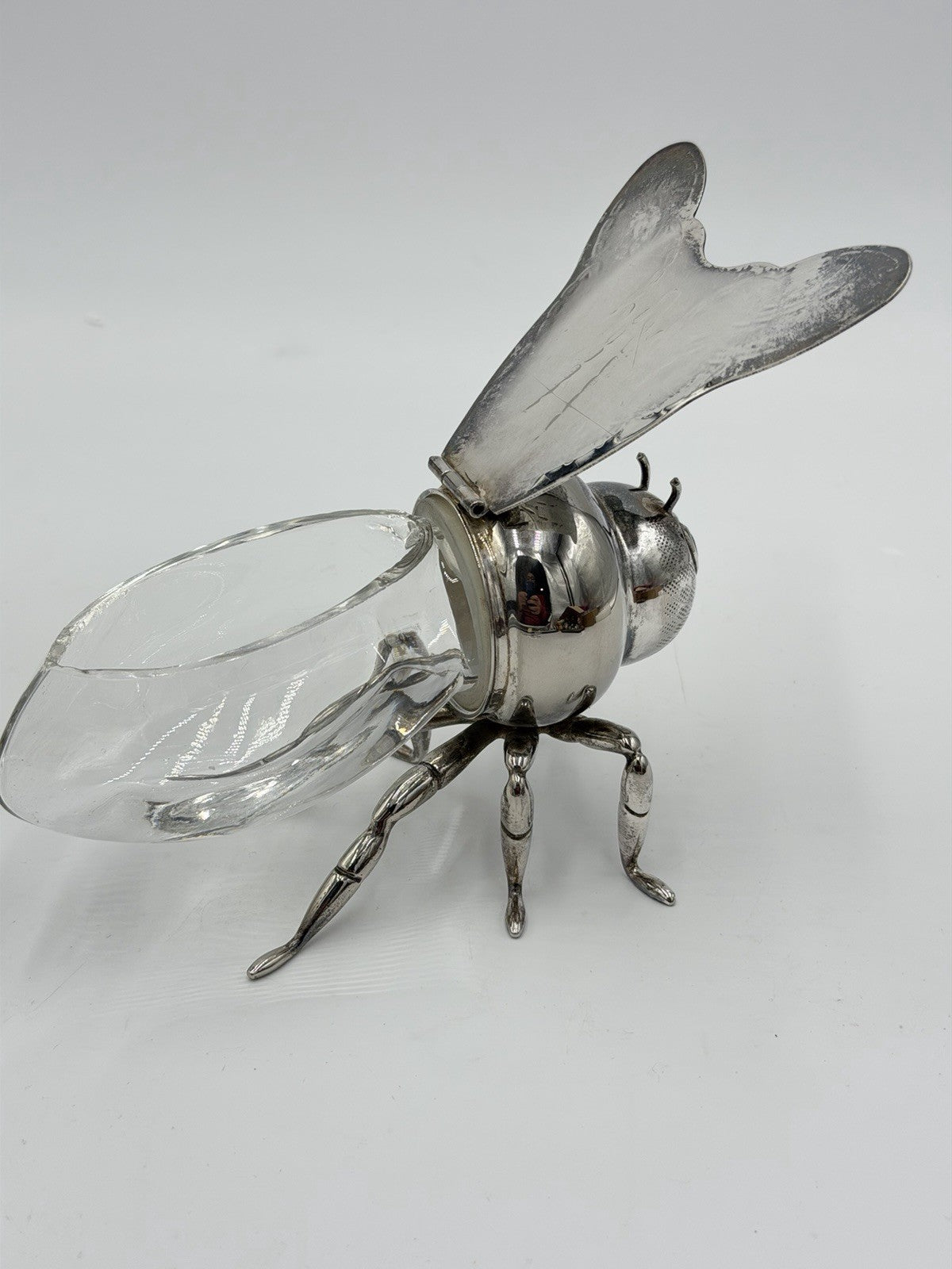 Antique Silver Plate & Glass Honey Bee Honey Pot Unmarked 6" Long x 3" Tall