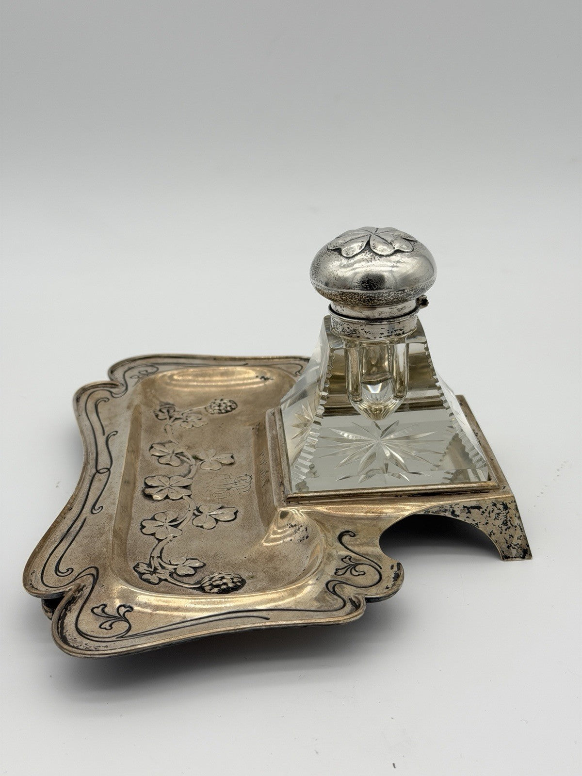 Antique Brass Art Nouveau Writing Desk  w/ Cut Glass Inkwell Embossed Shamrock
