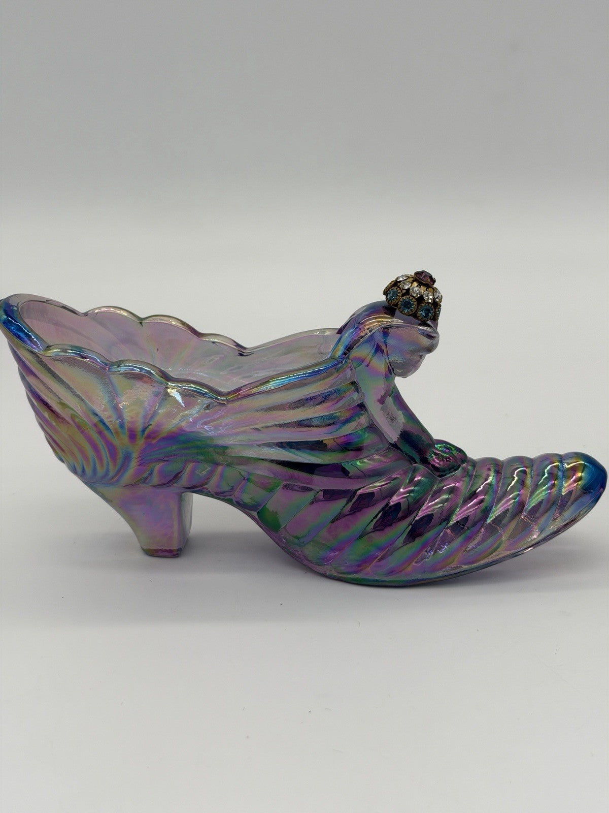 Fenton Carnival Art Glass Amethyst Iridescent Slipper Shoe Cat Head Rhinestone