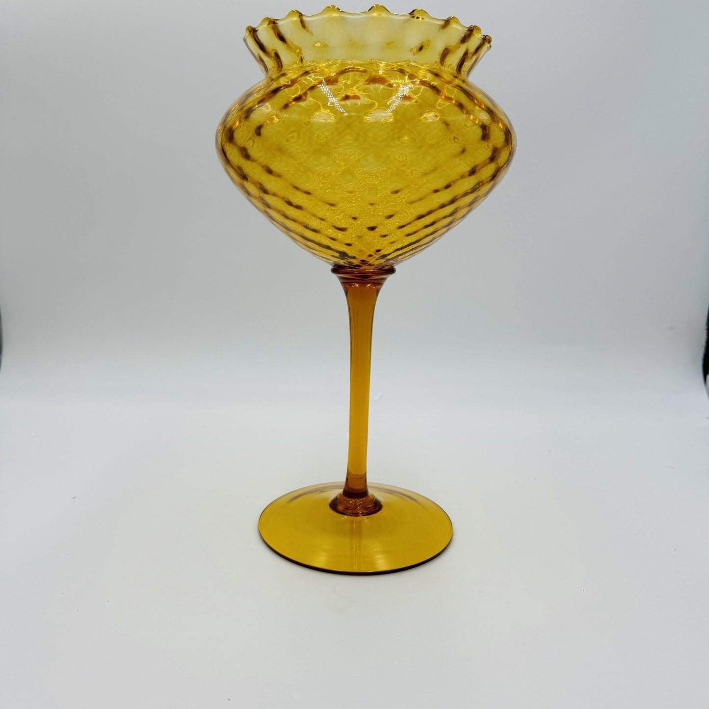 Italian Empoli amber glass diamond optic tall compote 12in