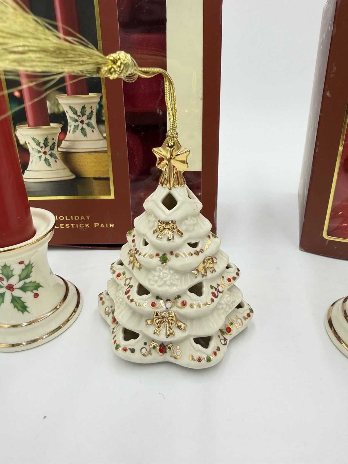 Lenox USA Porcelain Holiday Tapers Candlesticks & Bejeweled Tree Ornament