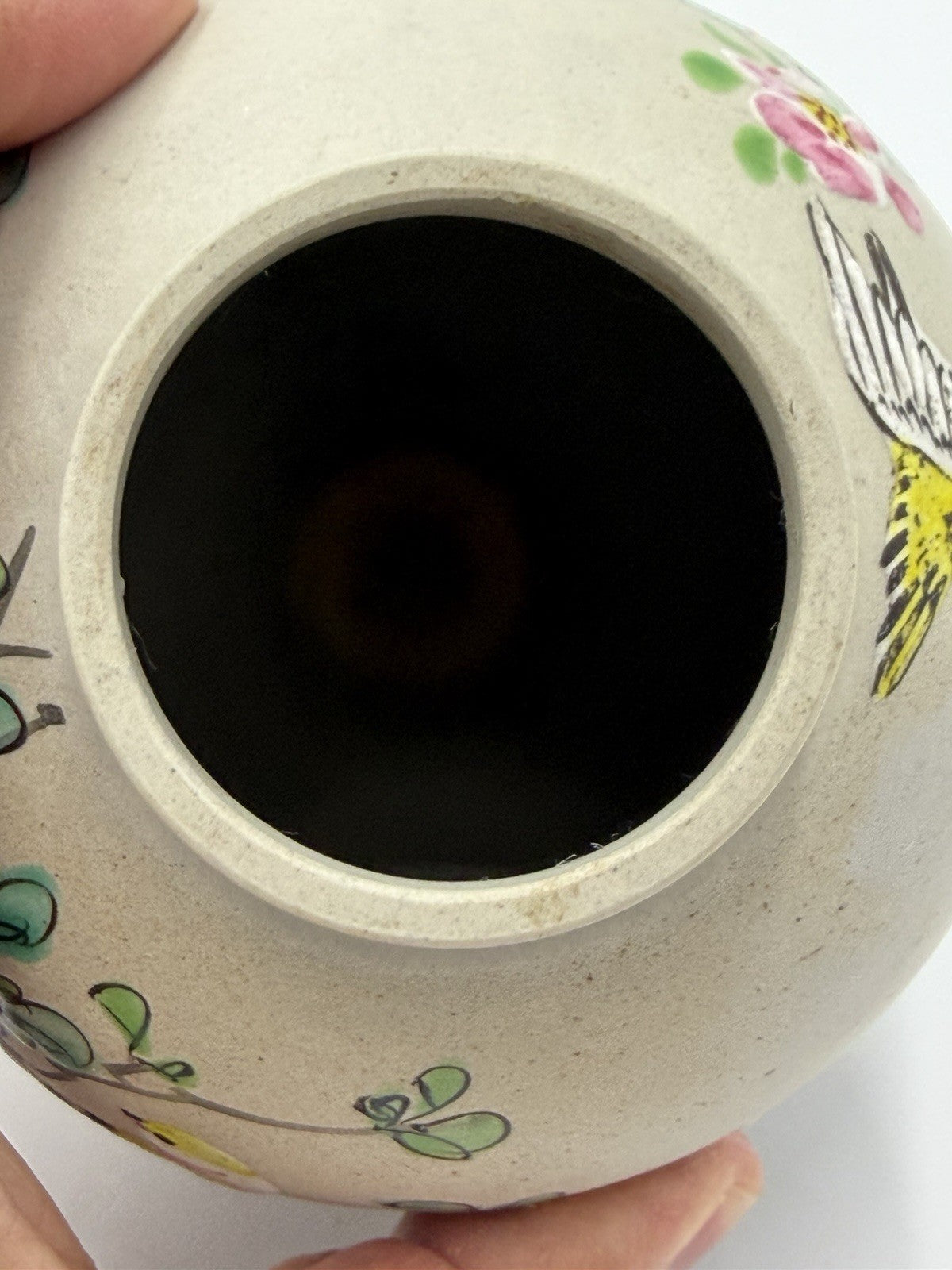 Antique Japanese Pottery Cherry Blossom Yellow Goldfinch Painted Vase 5”H