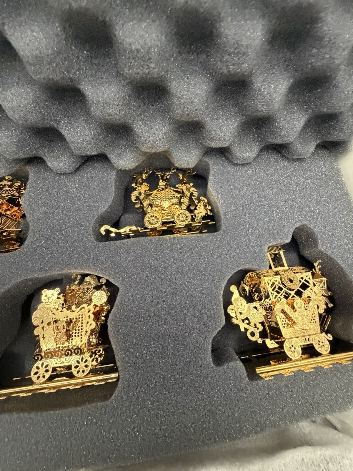 The Danbury Mint Santa’s Gold Christmas Train 24k Gold Finish Complete Wood Base