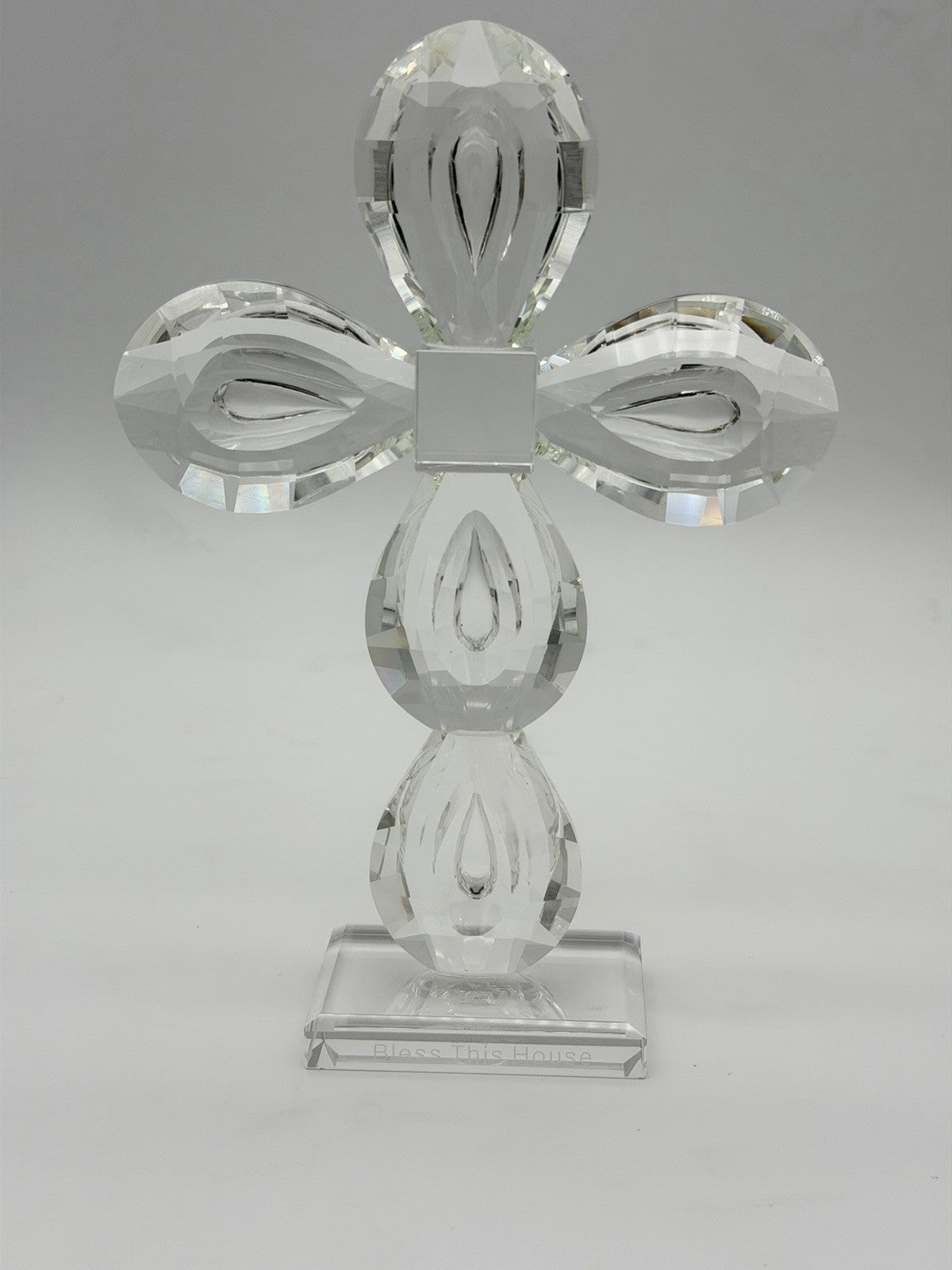 Oleg Cassini Diamond Cut Art Crystal Cross Bless This House Figurine Signed 8.5”