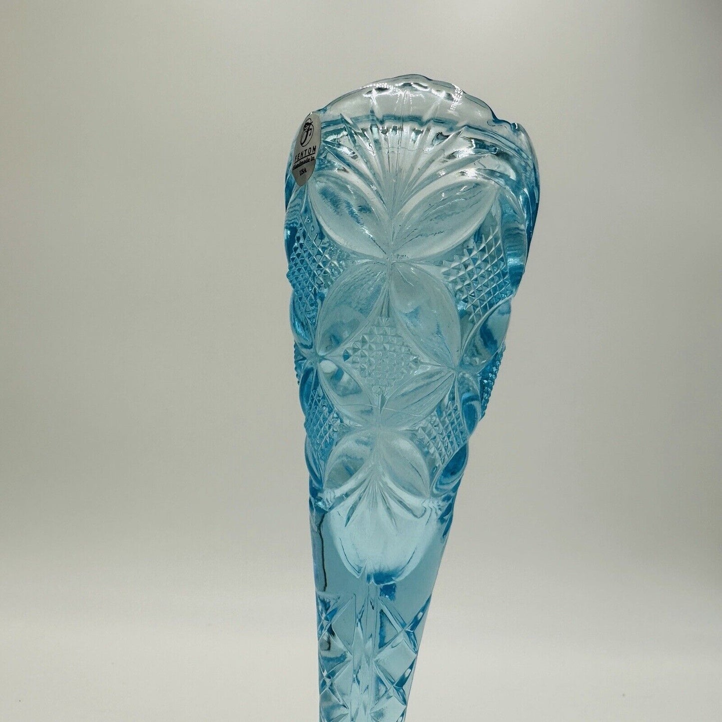 Fenton Art Glass Vase Aqua Blue With Etched Butterfly & Diamond Pattern Vintage