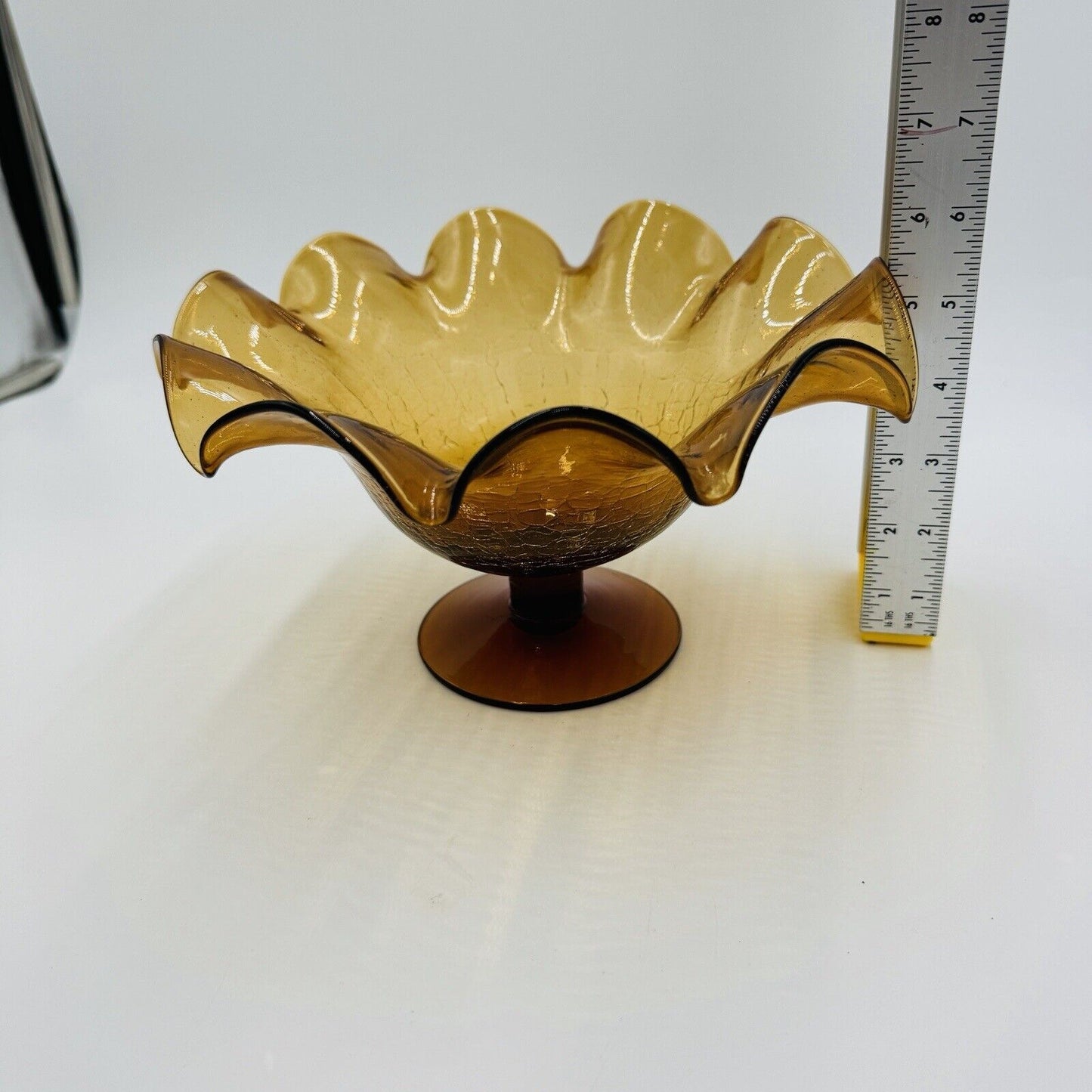 Blenko Art Glass Amberina Footed Vase Ruffled Crackled Compote 5.5in H x 9inW