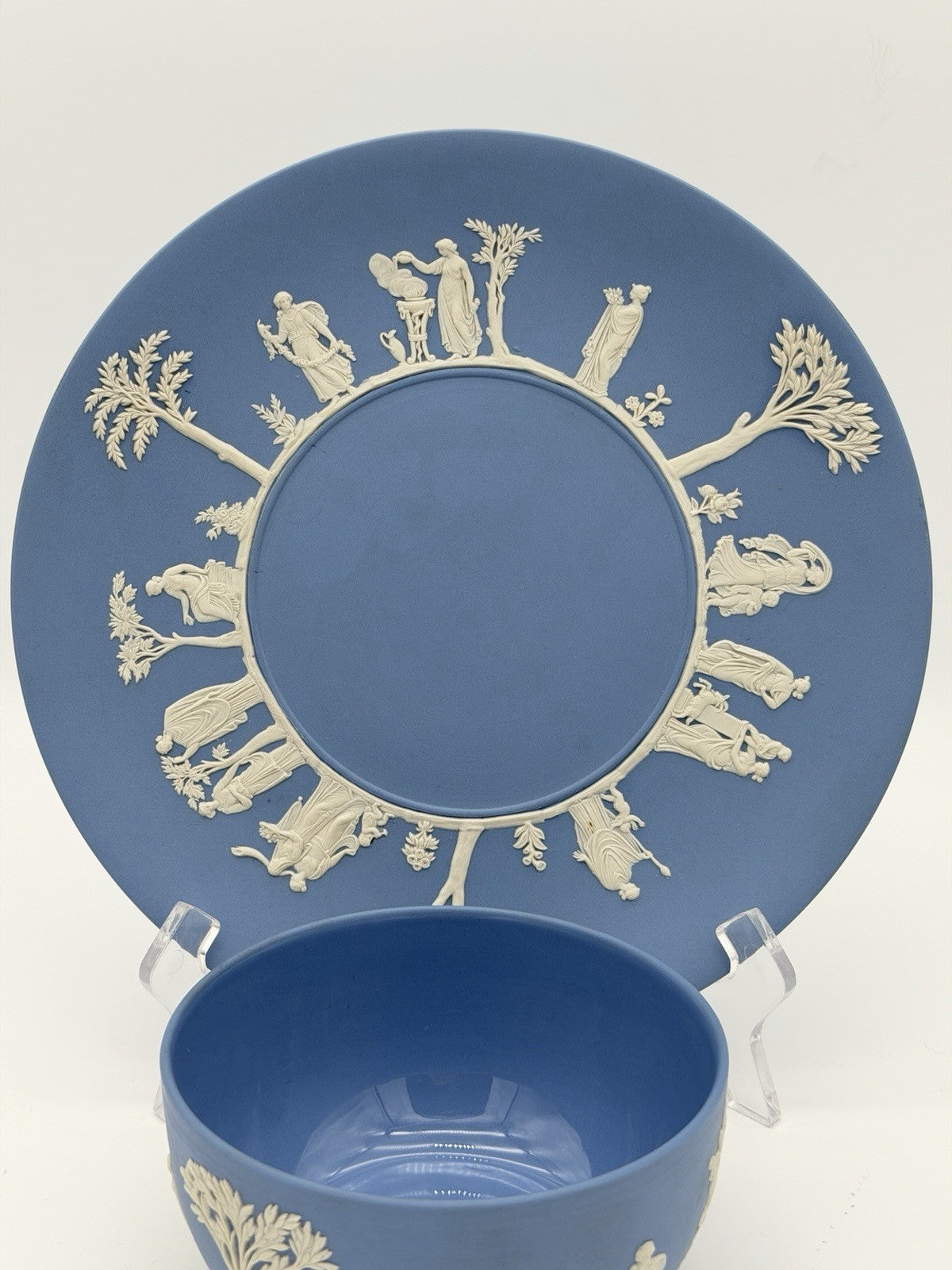 Wedgwood Jasperware England Blue/white Plate & Bowl Porcelain Set Vintage