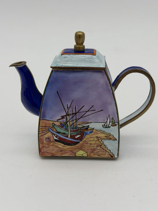 Kelvin Chen miniature enamel copper teapot Van Gogh inspired fishing boat scene