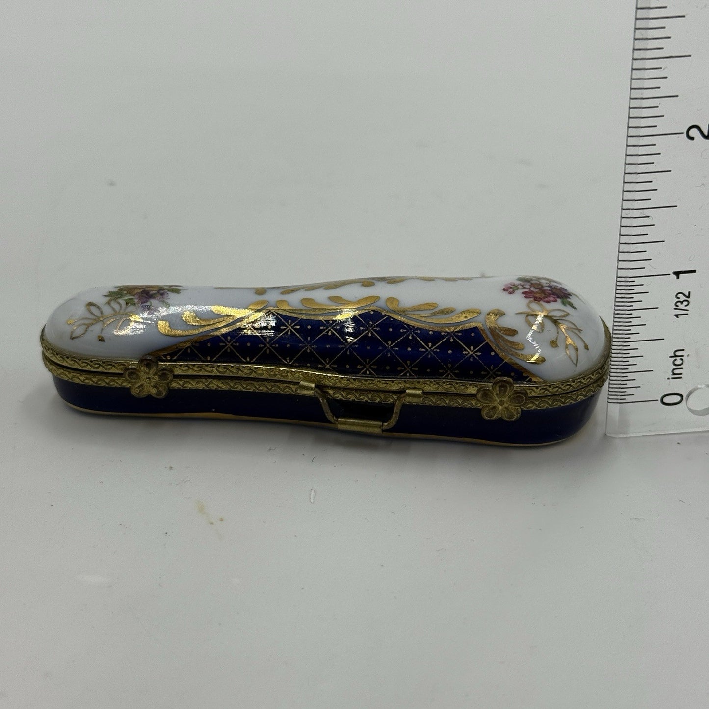 Museum Of Jewelry Porcelain Cobalt Floral Miniature Violin Case Trinket Box