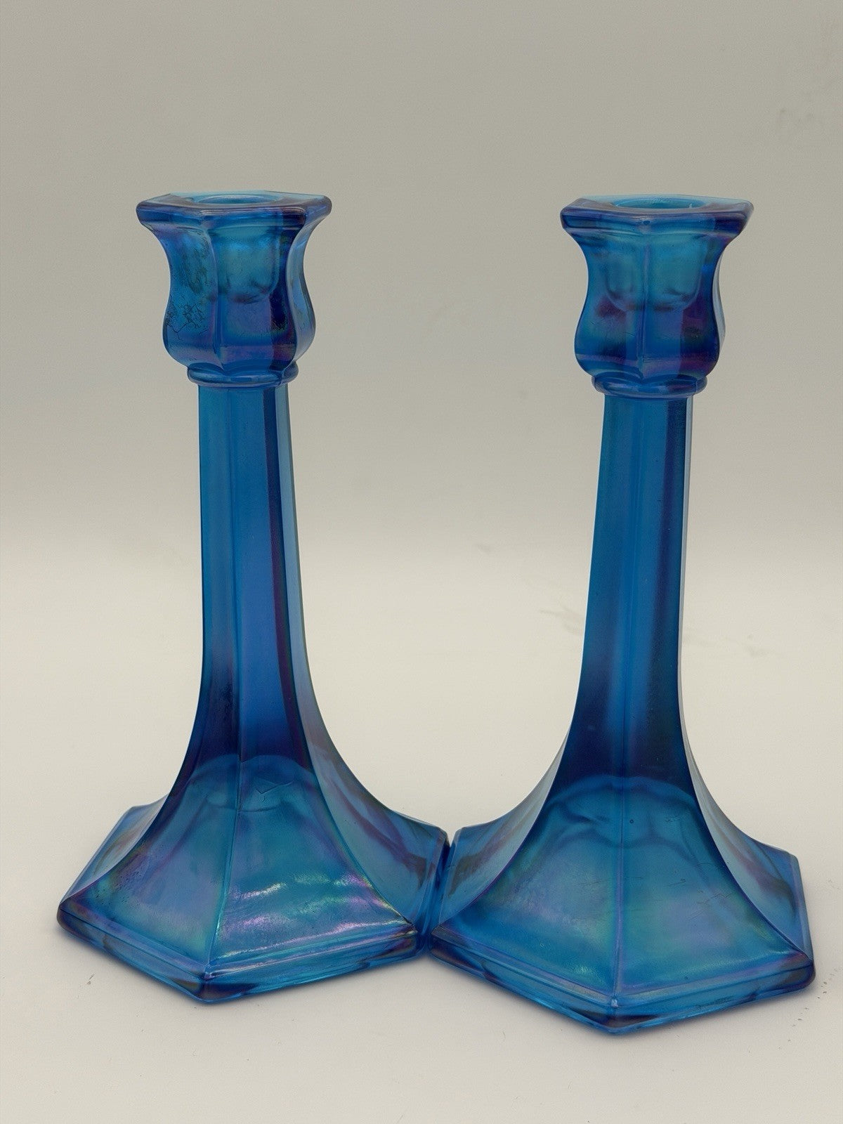 Fenton Florentine Celeste Blue Iridescent Carnival Art Glass Candle Sticks