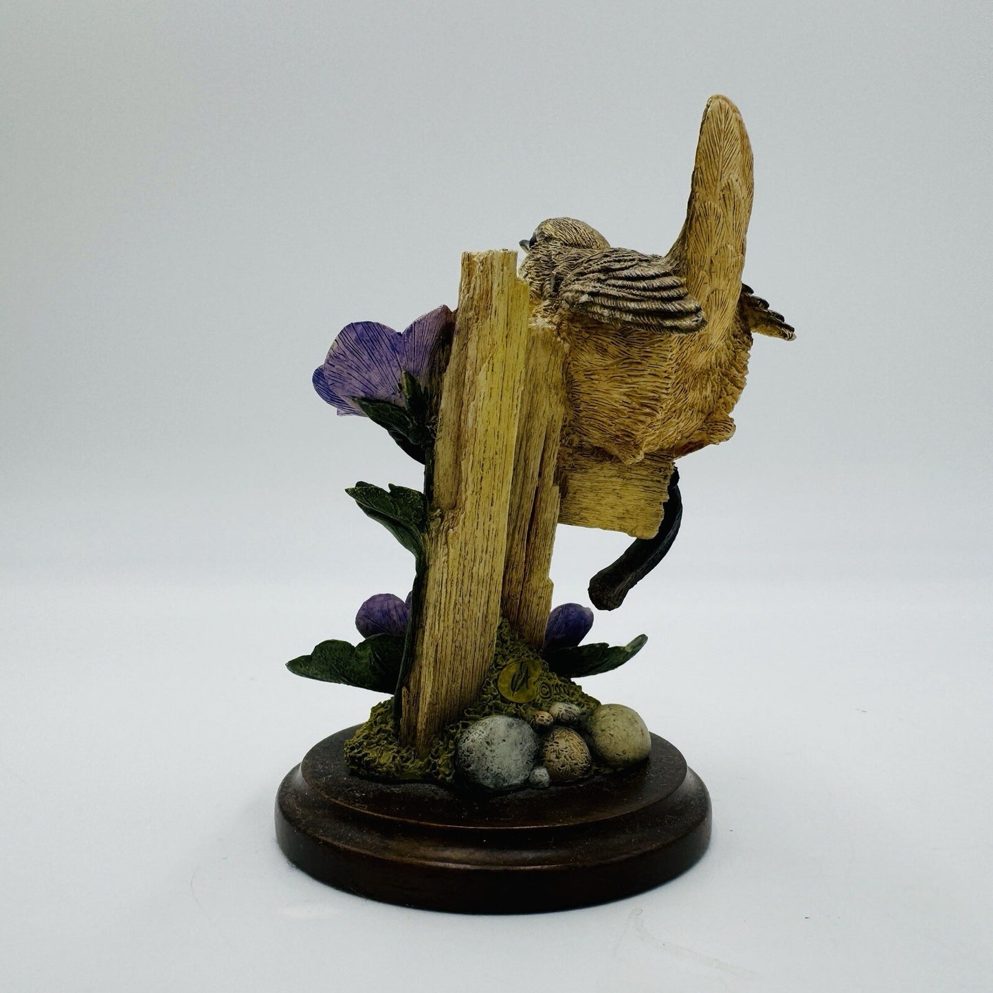Country Artists Hand Painted House Wren w Violets Wood Base Figurine Vintage 4in