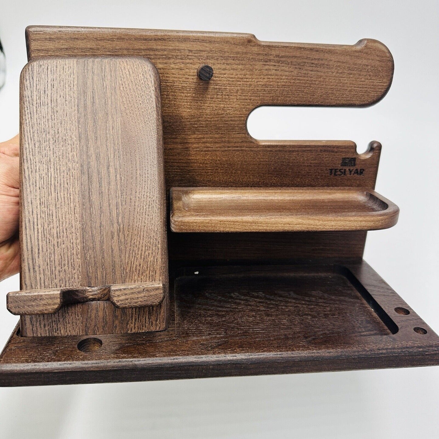 Teslyar Wood Phone Docking Station Ash Key Holder Night Stand Office Decor