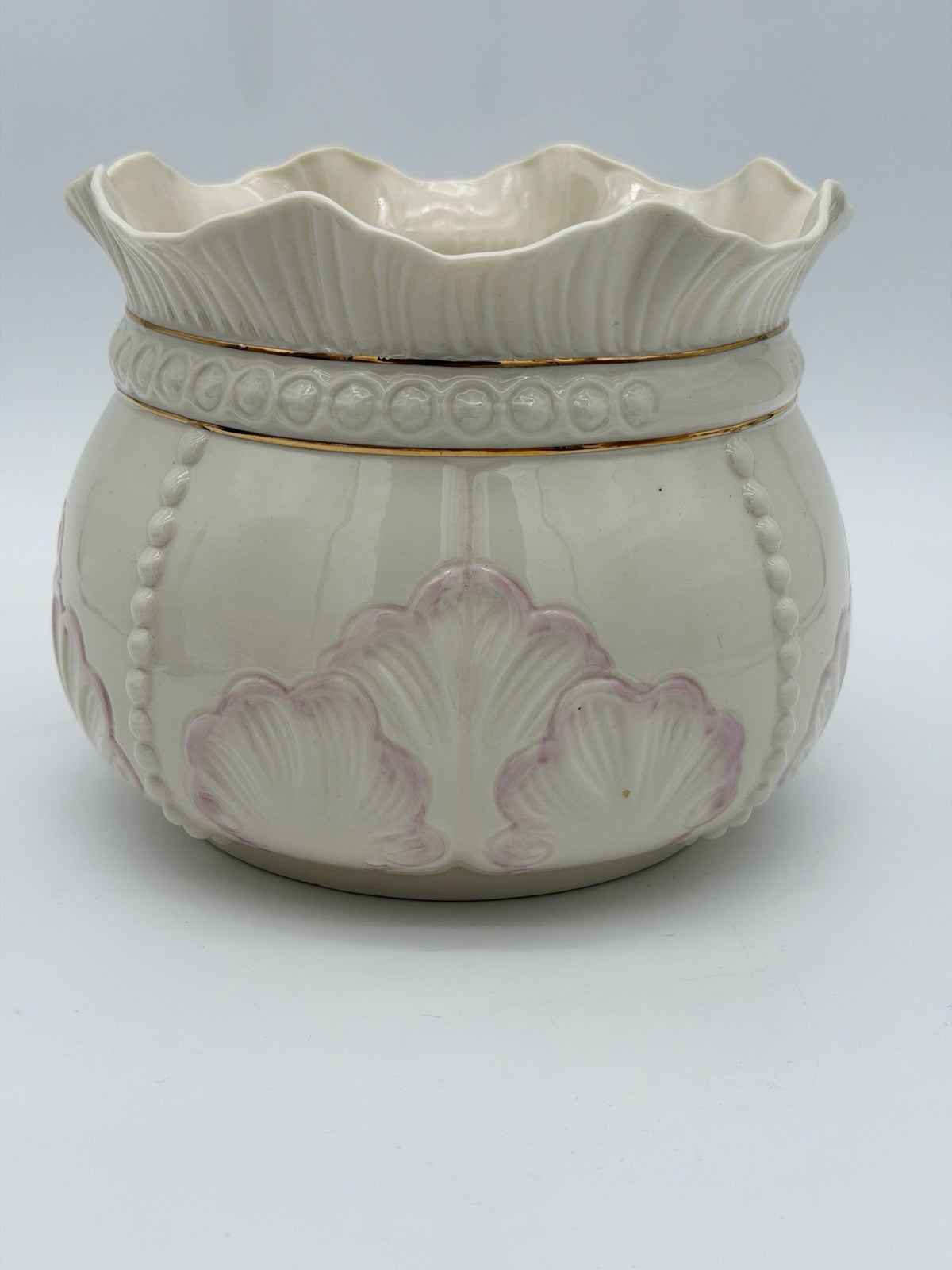 Belleek Ireland Porcelain Rosemore Pink Shell Gold Trim 6" Planter/Bowl Large