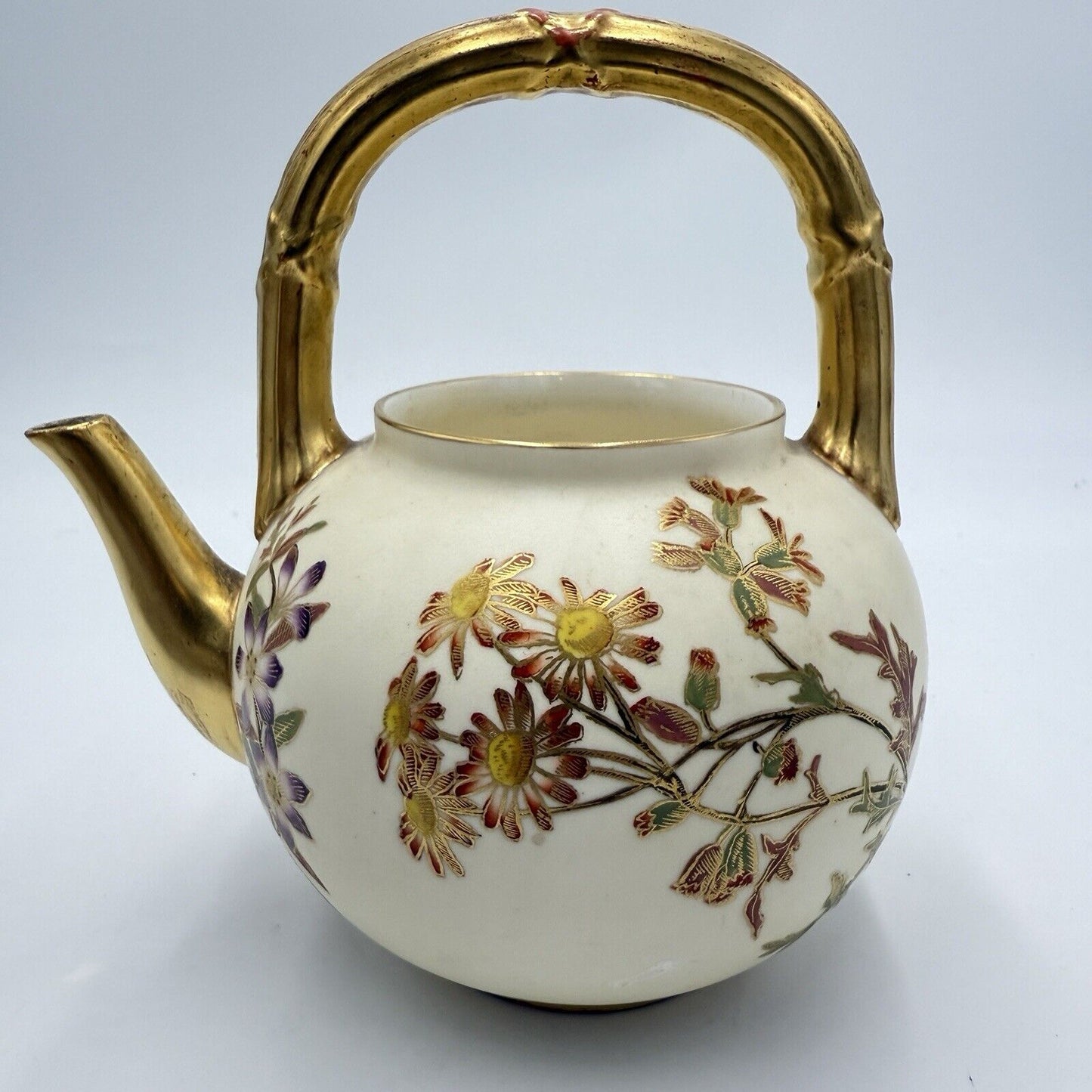 1885 English Victorian Royal Worcester Porcelain Floral Handle Teapot (No Lid )