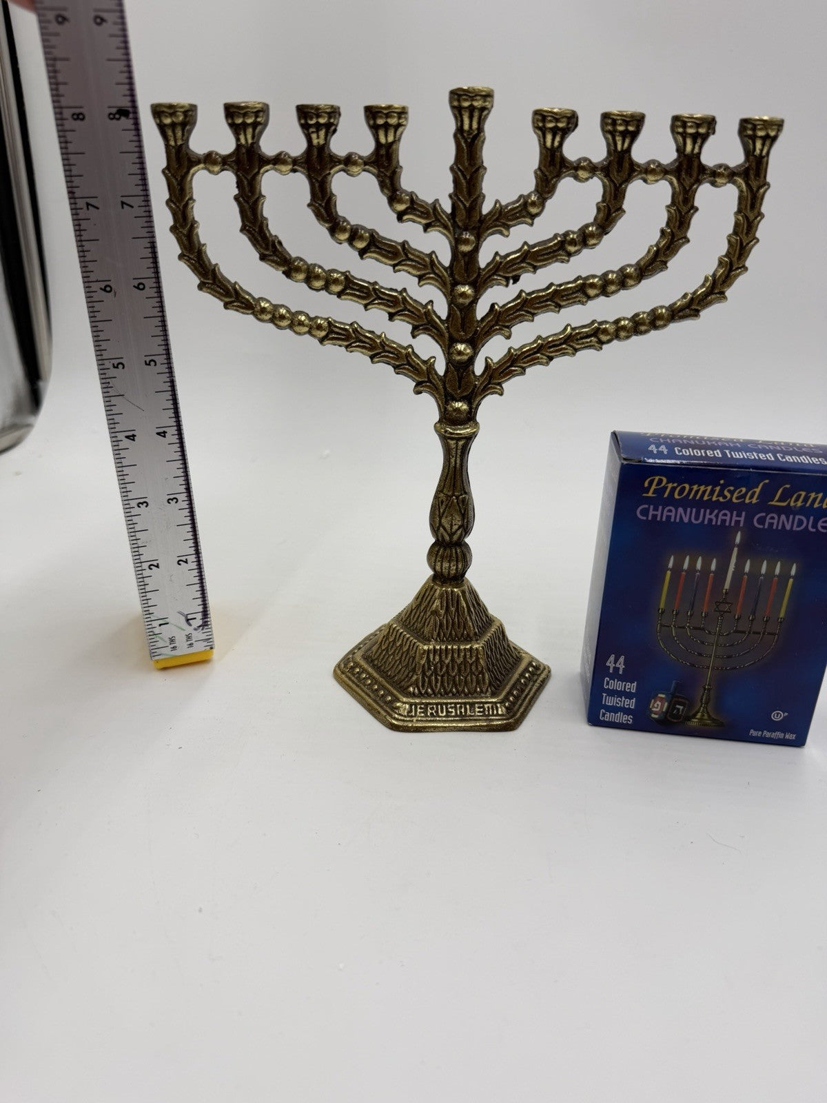 Vintage Brass Hanukkah Menorah Jerusalem Judaica candlestick Israel 8in