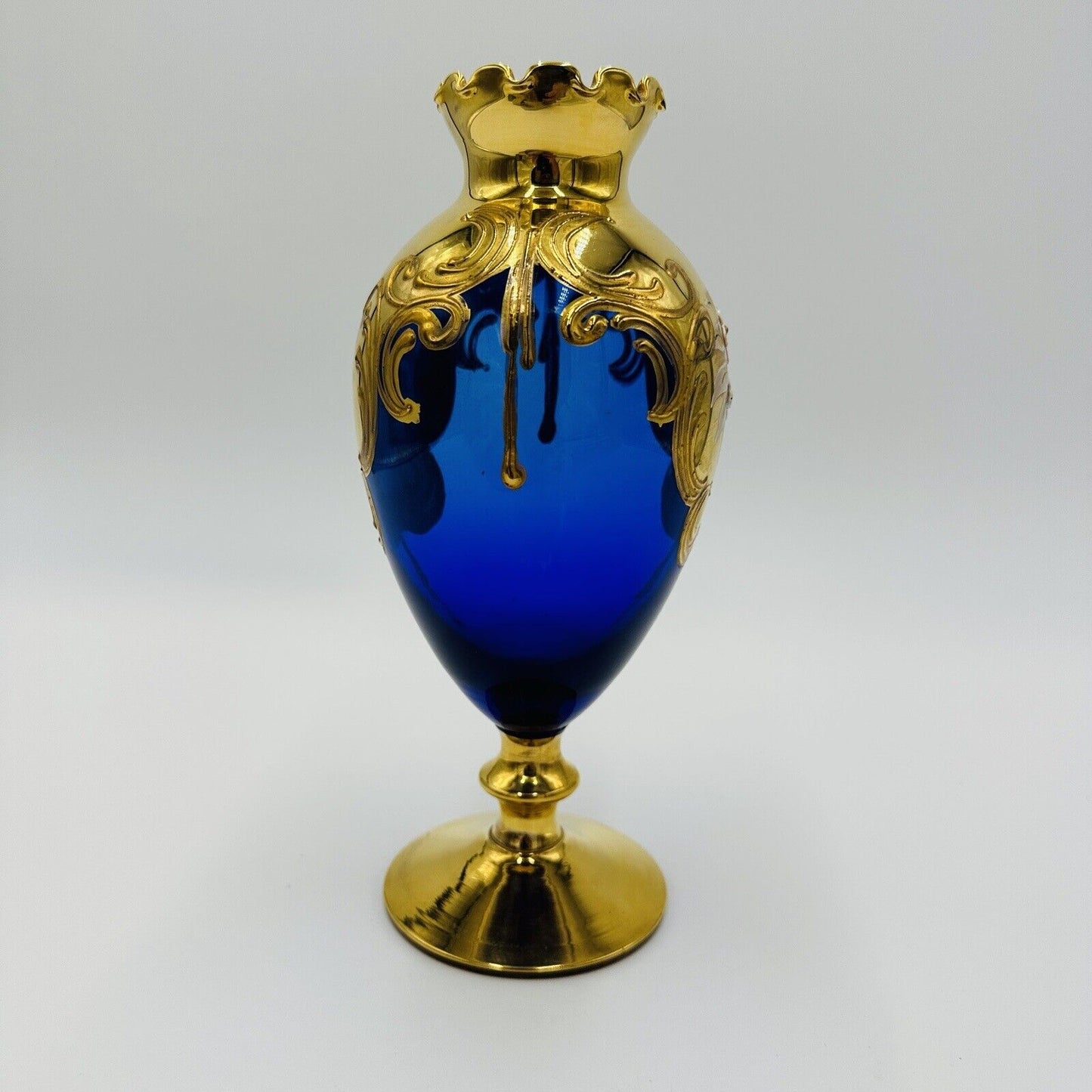 Venetian Italian Vase Cobalt Blue Ruffle Footed Gold Glass Floral Applique