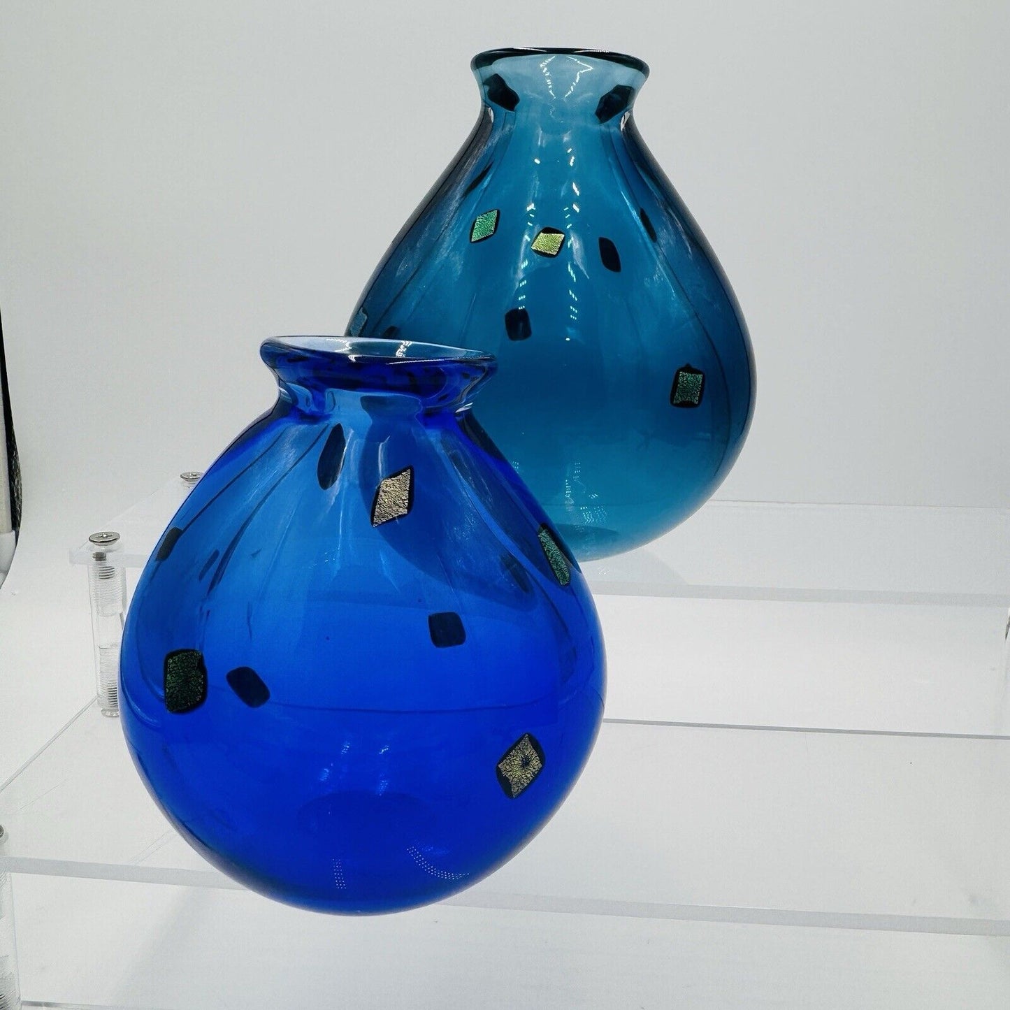 Pair Studio Art Glass Vases Cobalt Blue Gold Black Specks Signed Sharon Fujimoto