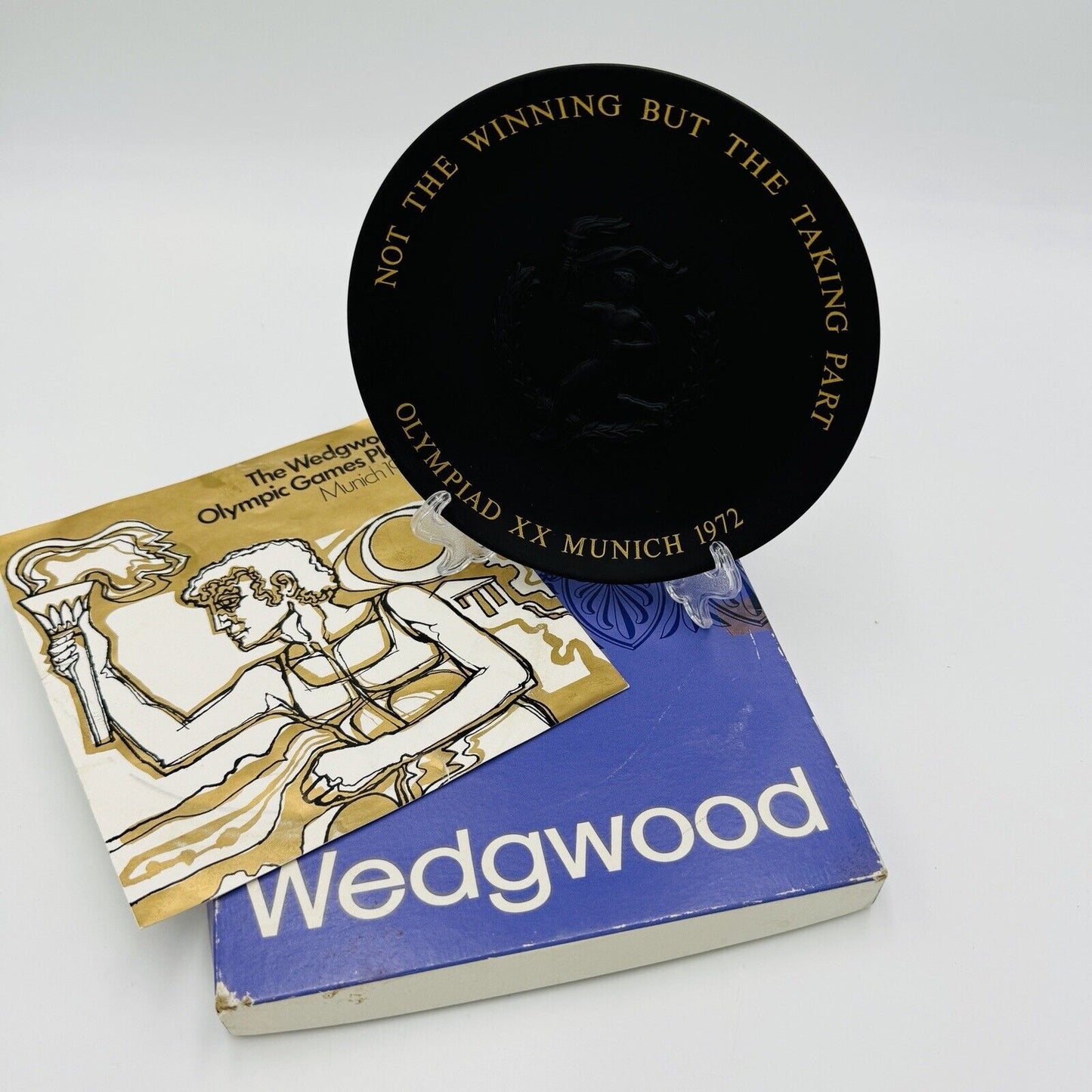 Wedgewood Plate Black Basalt  Gold Trim 6.5” 1972 Munich Olympics Vintage